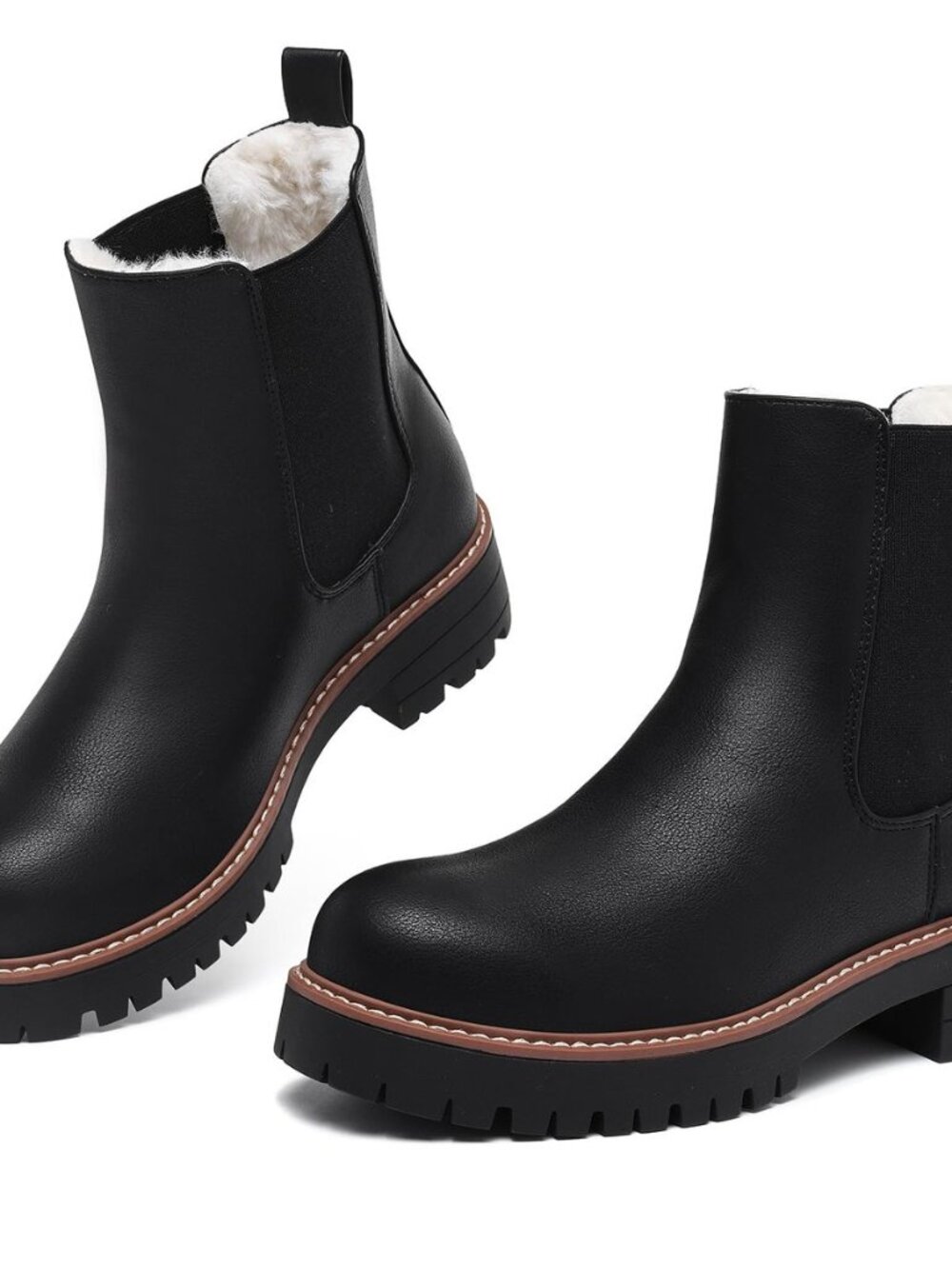 Chelsea Boots Women Winter Boots Fur Lined Chunky Lug Sole Ankle Booties